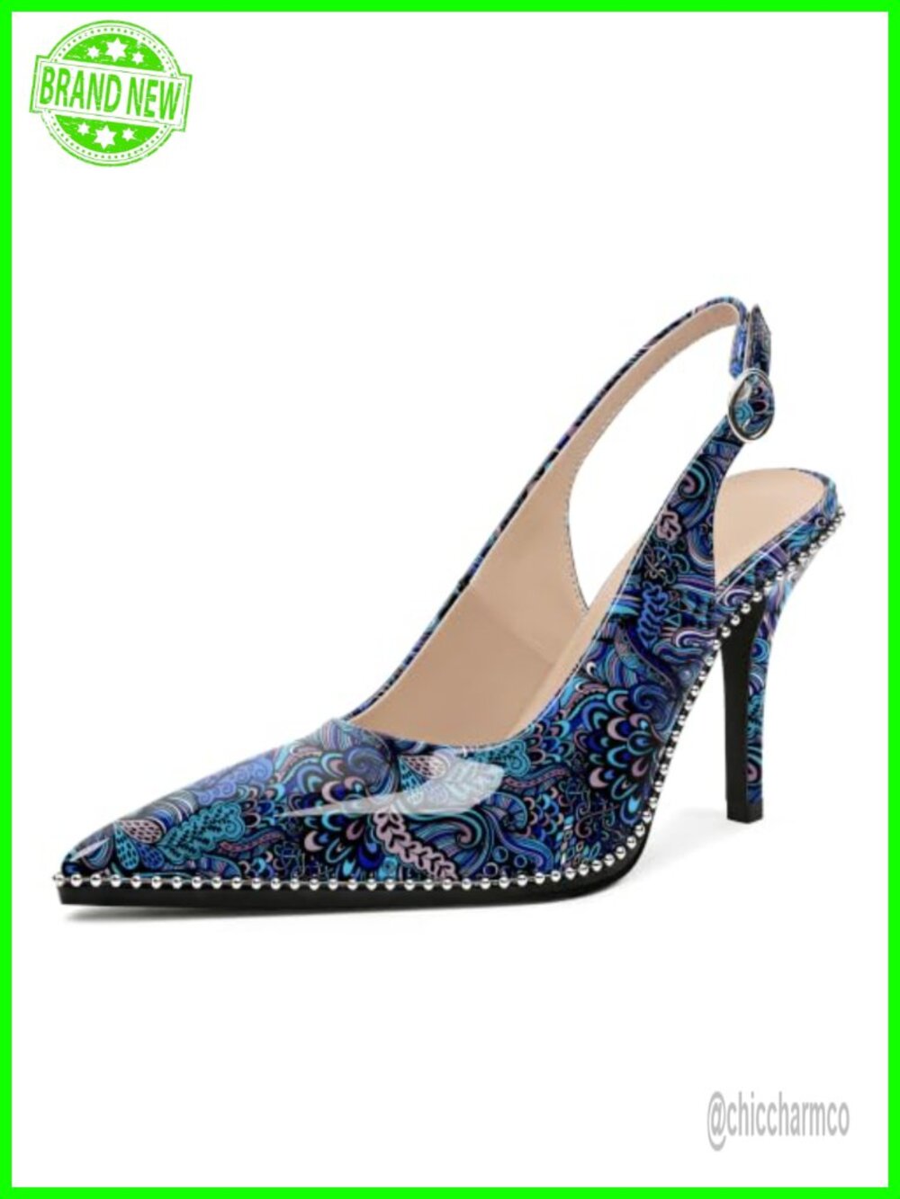 Women's Beaded Slingback Pumps Stiletto Heel Patent Leather Pointed Toe Ankle